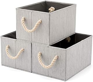 EZOWARE Set of 3 Large Nursery Fabric Storage Baskets Bins Organizer with Cotton Rope Handle for Kids Baby Nursery Room, Towels, Closet, Toys - Gray 37 x 25.5 x 21 cm
