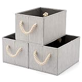 EZOWare Panier de Rangement Pliable en Tissu avec Poignée en Corde de Coton, Boîte de Rangement pour Étagères, Placard etc – Gris au Grain de Bois – Pack de 3