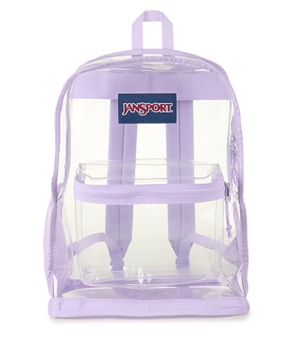 JanSport Clear Pack 25.5L Transparent Backpack Large Main Compartment Side Water Bottle Pocket Front Zippered Pocket Mesh Bottom Panel Pastel Lilac