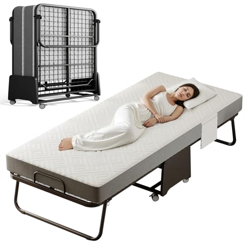 IMBSRBED Deluxe Folding Bed with Mattress with 5-inch Memory Foam Mattress on Rollers for Easy Storage with Metal Frame and Bed Side Pockets (75'×31')