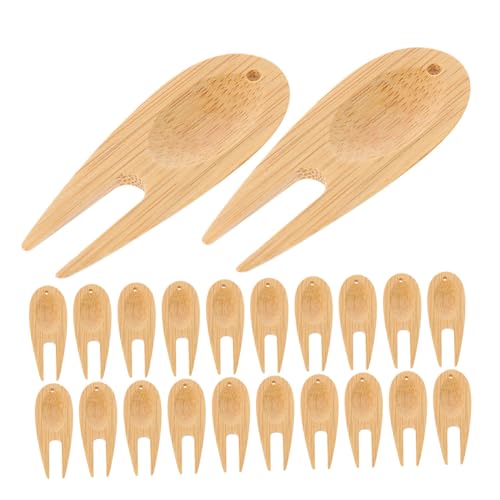 Mobestech 25個ゴルフディボット修復ツール 軽量竹製グリーンフォーク 携帯用芝生修理器 ボールマーカー付き ピッチマーク修理に 屋外ゴルフ場