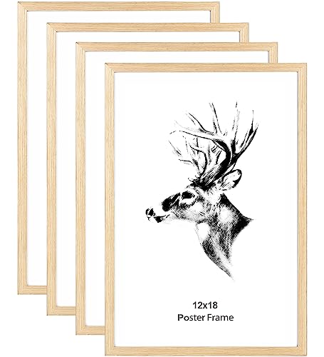 Image of Yaetm 12x18 Frame Set of 4, Natural Solid Oak Wood Picture Frame 12 x 18 for Photos, Posters & Art Prints, Horizontal and Vertical Wall Mount (4 pack, Oak)