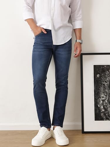 Image of Thomas Scott Men's Comfort Skinny Fit Stretchable Jeans | Medium Shade Light Fade Clean Look Denim | 5 Pocket Design | Casual Skinny Jeans for Men