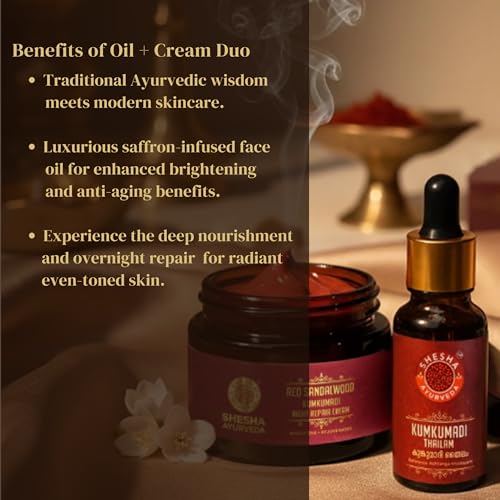 Image of SHESHA AYURVEDA Combo of Red Sandalwood Skin Brightening & Night Repair Cream and Ayurvedic Kumkumadi Thailam | Hydrating anti-aging and radiant skin 50gm+5ml