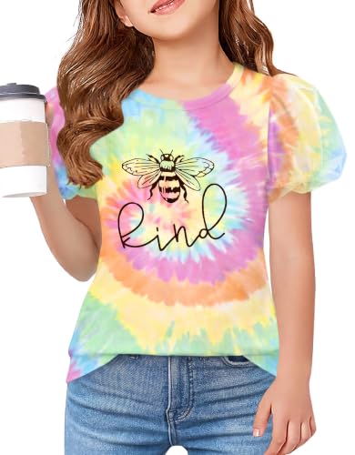 Image of Arshiner Girls Shirts Mesh Puff Short Sleeves Tops Cute Print Kids Tees