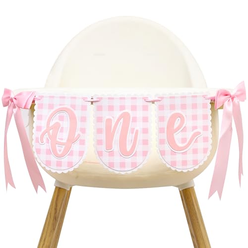 Image of Bow First Birthday High Chair Banner - Pink Bow 1st Party Decoration, Coquette First High Chair Banner, Coquette One Birthday Photo Prop