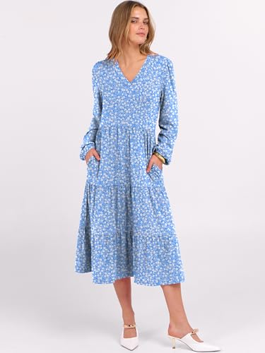 Image of ANRABESS Women's Long Lantern Sleeve Floral Midi Dresses 2026 Fall V Neck Casual Flowy A-line Tiered Boho Vacation Dress