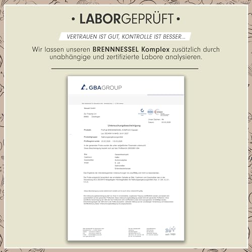 Brennesselkapseln 120x optimal hochdosiert - 800 mg Brennnessel-Extrakt im Komplex mit Rosskastanien-Extrakt, Weinrebenblatt-Extrakt, Kupfer & Mangan - laborgeprüft mit Zertifikat - Vorrat für 60 Tage