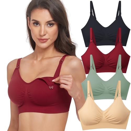 GXXGE Still-BH zum Stillen, Schwangerschafts-BHs, Push-Up-Seide, nahtlos, Bralette, Unterwäsche, 4 Stück, Schwarz/Beige/Tiefrot/Hellgrün, Large GXXGE Still-BH zum Stillen, Schwangerschafts-BHs, Push-Up-Seide, nahtlos, Bralette, Unterwäsche, 4 Stück, Schwarz/Beige/Tiefrot/Hellgrün, Large