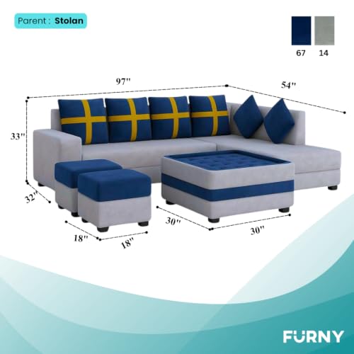 Image of FURNY Premium Arora 8 Seater Fabric RHS L Shape Sofa with 2 Ottoman + 1 Centre Table Ottoman Set for Living Room | in Dark Blue & Light Grey Color with Velvet Fabric | | Durable C