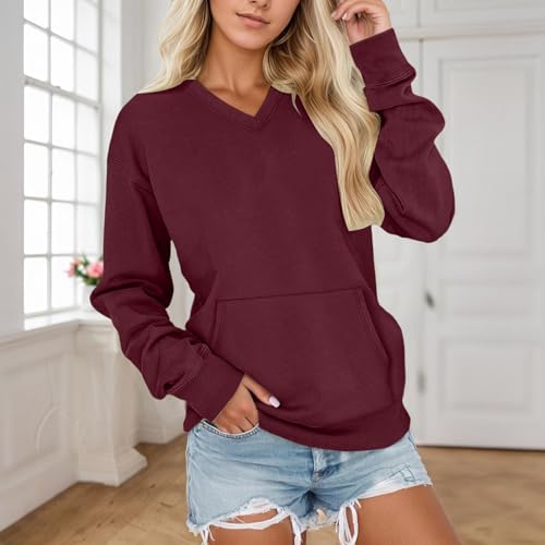 Women's V Neck Sweatshirt Fleece Cute Pocket Sweatshirts No Hood Oversized Comfy Hoodie Y2k Soft Fall Winter Tops4
