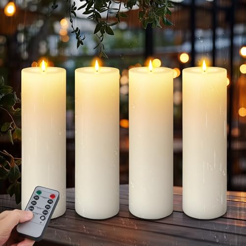 Image of 4 Pack 14 inch x 4 inch Large Outdoor Candles, Waterproof Flickering LED Flameless Candles with Timer, Battery Operated Candles with Remote Control Realistic Fake Pillar for Patio Porch Lanterns, White