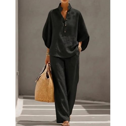 Conjunto de lino para mujer ropa de dos piezas camisa de botones y pantalones de pierna ancha 7