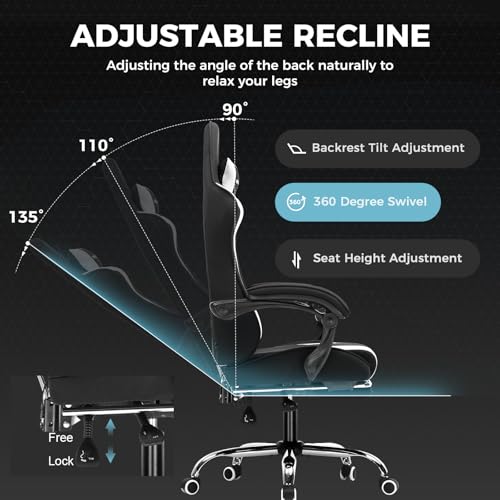 Sedia da Gaming, Ergonomico Sedia da Ufficio, con Massaggiante poggiapiedi e supporto lombare, Schienale Regolabile 90-135°, Portata 150 kg, sedia per computer, Bianco-Nero - Sedia gaming - Immagine 4