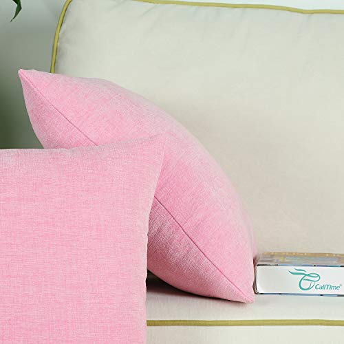 Image of CaliTime Pack of 2 Cozy Throw Pillow Covers Cases for Couch Sofa Home Decoration Solid Dyed Soft Chenille 18 X 18 Inches Candy Pink