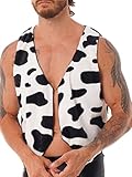 dPois Mens Cow Print Waistcoat Vest Tops Open Front Cardigan Halloween Costume Outfit Black X-Large