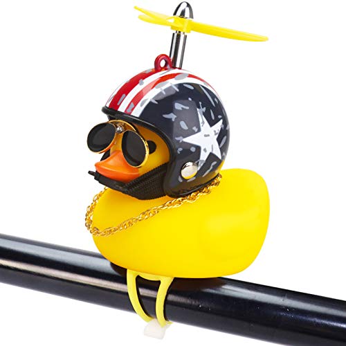 wonuu Rubber Duck Toy Car Ornaments Yellow Duck Car Dashboard Decorations Squeeze Duck Bicycle Horns with Propeller Helmet (Flag-Light)