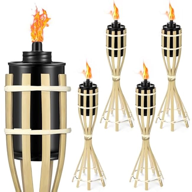 5 Pack Bamboo Torches for Table Centerpiece Decoration Table Top Torches Garden Outdoor Decor Natural Patio Torch for Home Tropical Luau Party Decor Lighting, 13.78 Inches Tall
