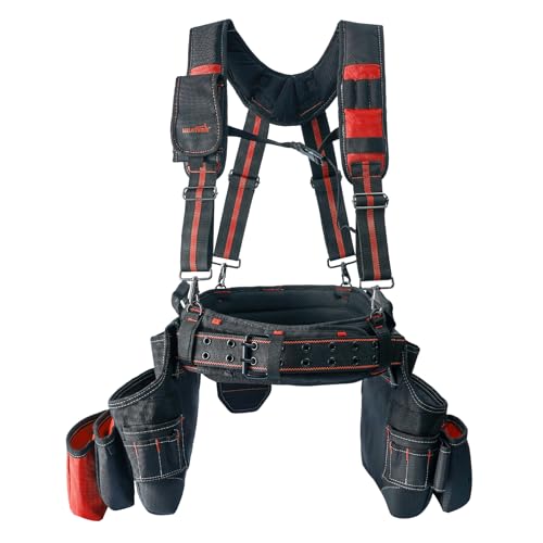 MELOTOUGH Tool Belt with Suspenders Braces Pro Framer Combo System-Magnetic Tool Pouch Build Heavy Duty Carpenter Tool Belt and Multi Function Tool Belt Suspenders（Red)