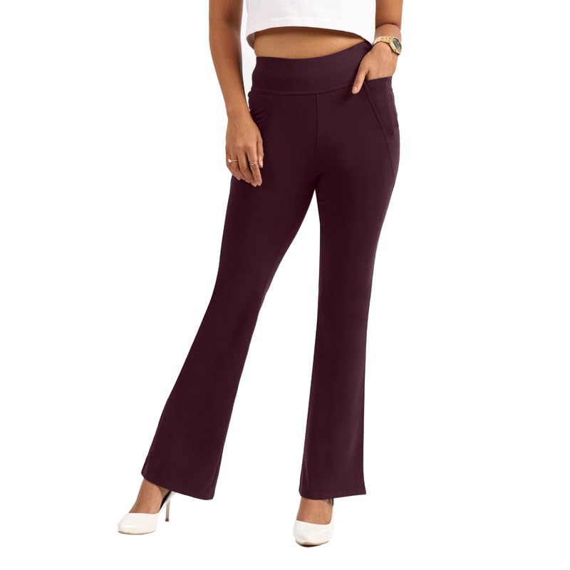Blissclub AM:PM Cotton Flare Pants for Women Upto 5’4 ft | Wide Waistband, 4 Pockets | Bell Bottom Pants and high Waist Trousers for Office wear