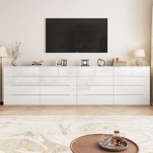 Image of 10 Drawer White Dresser for Bedroom, 55 inch Long Dresser Chest of Drawers, Large High Gloss Modern Storage Cabinet with Big Drawers Handle Free, Living Room, Entryway, Hallway
