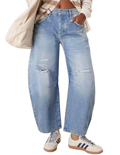 Qazel Vorrlon Womens Ripped Barrel Jeans Stretch Y2K 2025 Trendy High Waisted Baggy Boyfriend Wide Leg Denim Ankle Pants