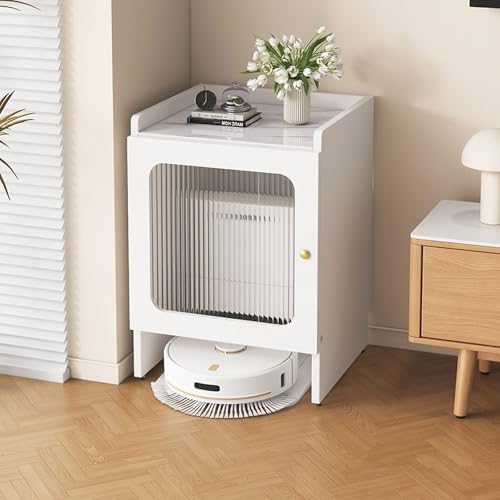 Robot Aspirapolvere e Lavapavimenti con Autosvuotamento, Mobile Contenitore per la Conservazione, Contenitore di Stoccaggio Nascosto con Ruote per Ufficio Domestico, Soggiorno(White,50x40x75cm)