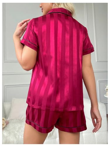 Image of SHENHE Women's 2 Piece Satin Pajama Set Leopard Short Sleeve Button Down Pj Shorts Set Burgundy Stripe Small