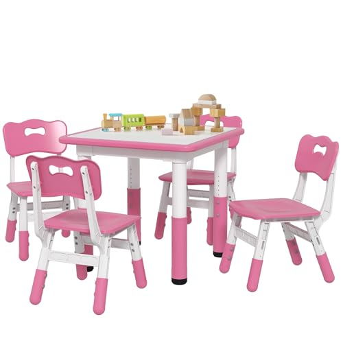 AIYAPLAY Set Tavolino e Sedie per Bambini 18-60 Mesi, Design Salvaspazio, Altezza Regolabile, Tavolo per Bambini con Lavagna per Cameretta, in Legno e PP, per 4 Bambini, Rosa