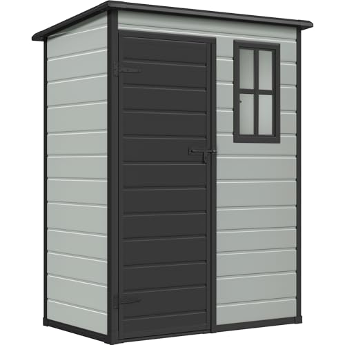 Image of DWVO 5x3 FT Outdoor Storage Shed with Floor, All-Weather Resin Storage Shed with Lockable Door & Window, Waterproof Plastic Tool Storage for Garden, Backyard, Patio, Lawn,Blue-Gray+Black