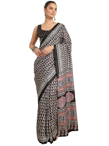 Image of AKHILAM Women's Soft Dola Silk Ajrak Printed Ready To Wear one Minute Saree With Unstitched Blouse Piece