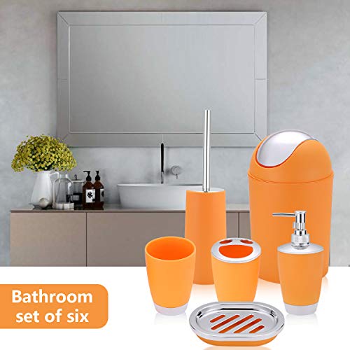 6 Piece Bathroom Accessories Set,Plastic Bath Ensemble Bath Set Lotion Bottles, Toothbrush Holder, Tooth Mug, Soap Dish, Toilet Brush, Trash Can (Orange) #TOP7