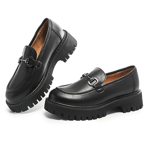 Image of Chunky Loafers Women Platform Loafers for Women Chunky Heel Lug Sole Loafers for Women Slip ons Round Toe