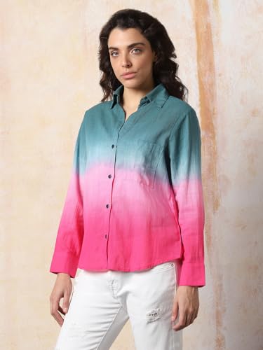 Image of HIGH Star Oversized Ombre-Dyed Cotton Shirt for Women | Stylish Tops for Women | Comfortable and Trendy Casual Shirt