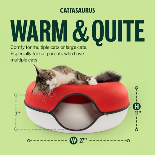Image of Cattasaurus Peekaboo Cat Cave, Extra Spacious for Multiple & Large Cats 12+ lbs, Scratch Detachable Cat Beds for Indoor Cats, Washable Tunnel Bed, Comfy Donut Tunnel (Ruby Snowball, Jumbo)