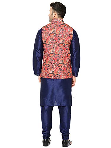 Image of SAIFOO Men's Silk Navy Blue Kurta Pyjama & Printed Nehru Jacket
