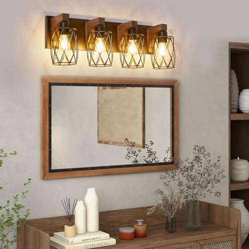 Image of 4-Light Farmhouse Bathroom Vanity Light, Wood Bathroom Lighting Fixtures Over Mirror, Black Bathroom Light Fixtures with Cage Metal Shade, Rustic Vanity Light with E26 Base