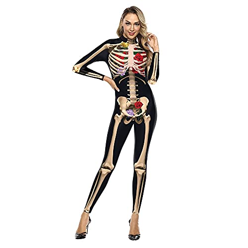 eBoutik - Disfraz de Halloween para adultos - Día de los Muertos - Mono de cuerpo para mujer - Diseño de esqueleto de día espeluznante de pesadilla para fiestas (esqueleto rosa (L)) Cover
