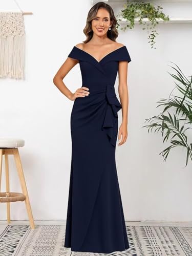 Raseal Satin Off Shoulder Mother of The Bride Dresses for Wedding Pleated Formal Dress RS2453