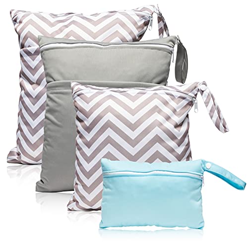 R HORSE 4Pcs Waterproof Reusable Wet Bag Diaper Baby Cloth Diaper Wet Dry Bags with 2 Zippered Pockets Grey Ripple Blue Grey Travel Beach Pool Bag for Pump Swimsuits Wet Clothes (3 Sizes)