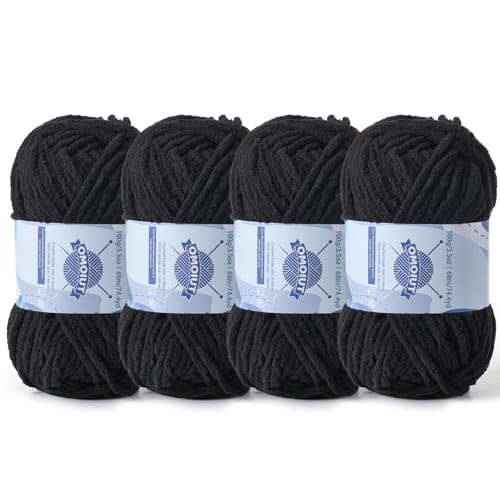 Image of 4 Pack Chunky Chenille Yarn for Crocheting,Baby Yarn for Crocheting Soft Blankets,Bulky Yarns for Crochet Amigurumi,400g (297yds) Fluffy Velvet Yarns for Hand Knitting (4 Black)