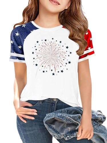 Image of CAZYCHILD Girls 4th of July USA Shirt American Flag Patriotic T-Shirt Independence Day Outfit for Kids 5-14Years