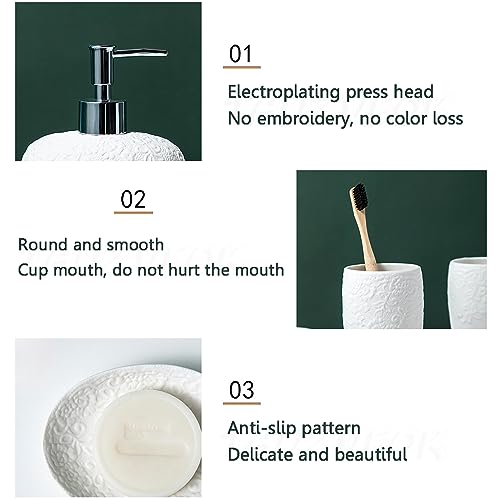 Elegante juego de dispensador de jabón de cerámica blanca, accesorios de baño con soporte para cepillo de dientes, jabonera y taza, perfecto para apartamentos y hoteles, decoración elegante del hogar