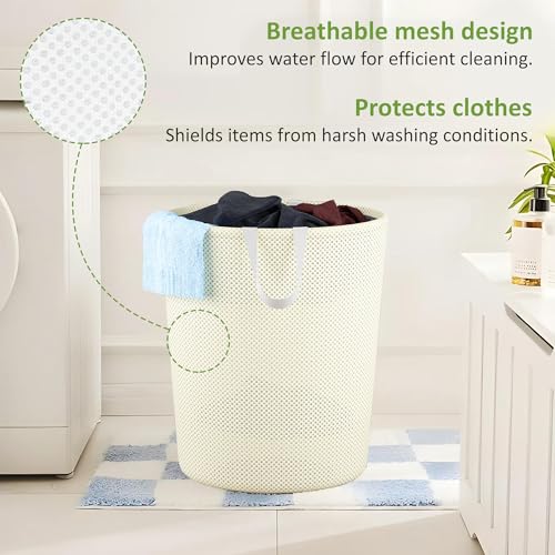 Image of Kuber Industries Pack of 5 Polyester Mesh Foldable Laundry Bag for Clothes with Handle | Dirty Dress Basket for Cloth Storage | Waste /Used Clothes Bin for Iron | Kids Toys Hamper | YZ-5-3 | Beige