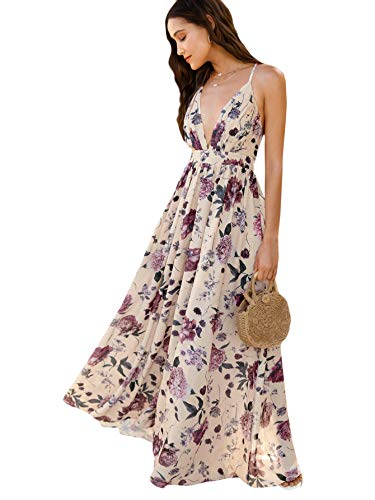 Floerns Women s Deep V Neck Leopard Crisscross Backless Beach Maxi Dress Multi Floral S