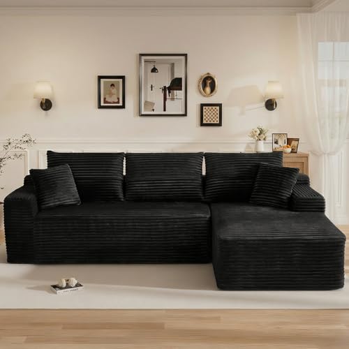 Image of 108 inch L Shaped Cloud Boneless Sectional Couches for Living Room, Modern Comfy Modular Deep Seat Memory Foam Compressed Corduroy Sofa Oversized Right Facing Chaise, No Assembly Required, Balck