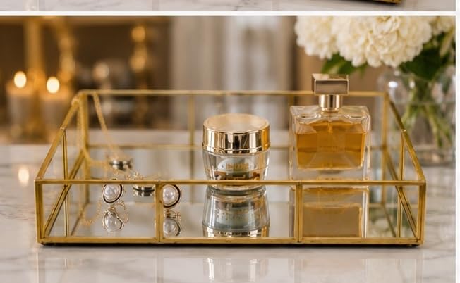 Image of Rectangle Glass Tray with Gold Rim and Mirror Base Vanity Table Decoration [10 x 7 x1.5 inches]