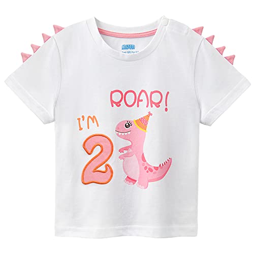 T-shirt Anniversaire Fille 2 Ans Dinosaure - 100% Coton - Cadeau Fun Pour Fête D'enfant