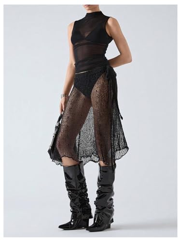 MakeMeChic Women's A Line Midi Skirt Tie Side Mesh Sheer Asymmetrical Skirts Club Wear4