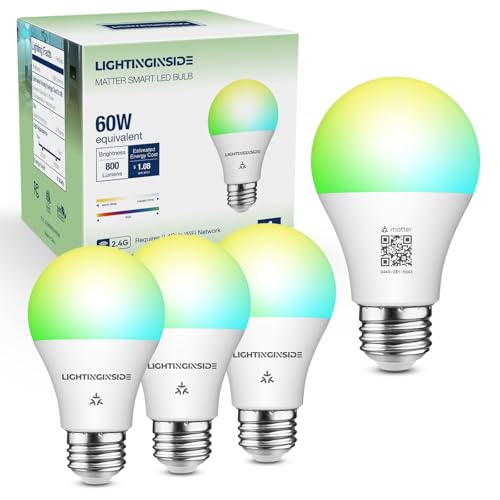 Lightinginside Matter Smart Light Bulbs Compatible with Alexa/Siri/Apple Home/Google Home/SmartThings, WiFi A19 E26 RGBCW Color Changing Light Bulb 800LM 9W 60W Equivalent, 2.4G WiFi, ETL Listed, 4PCS